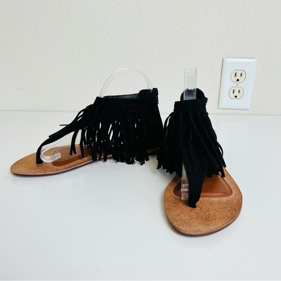 Black Suede Fringe Ankle Zip Up Brown Sole Sandals - Picture 2 of 16